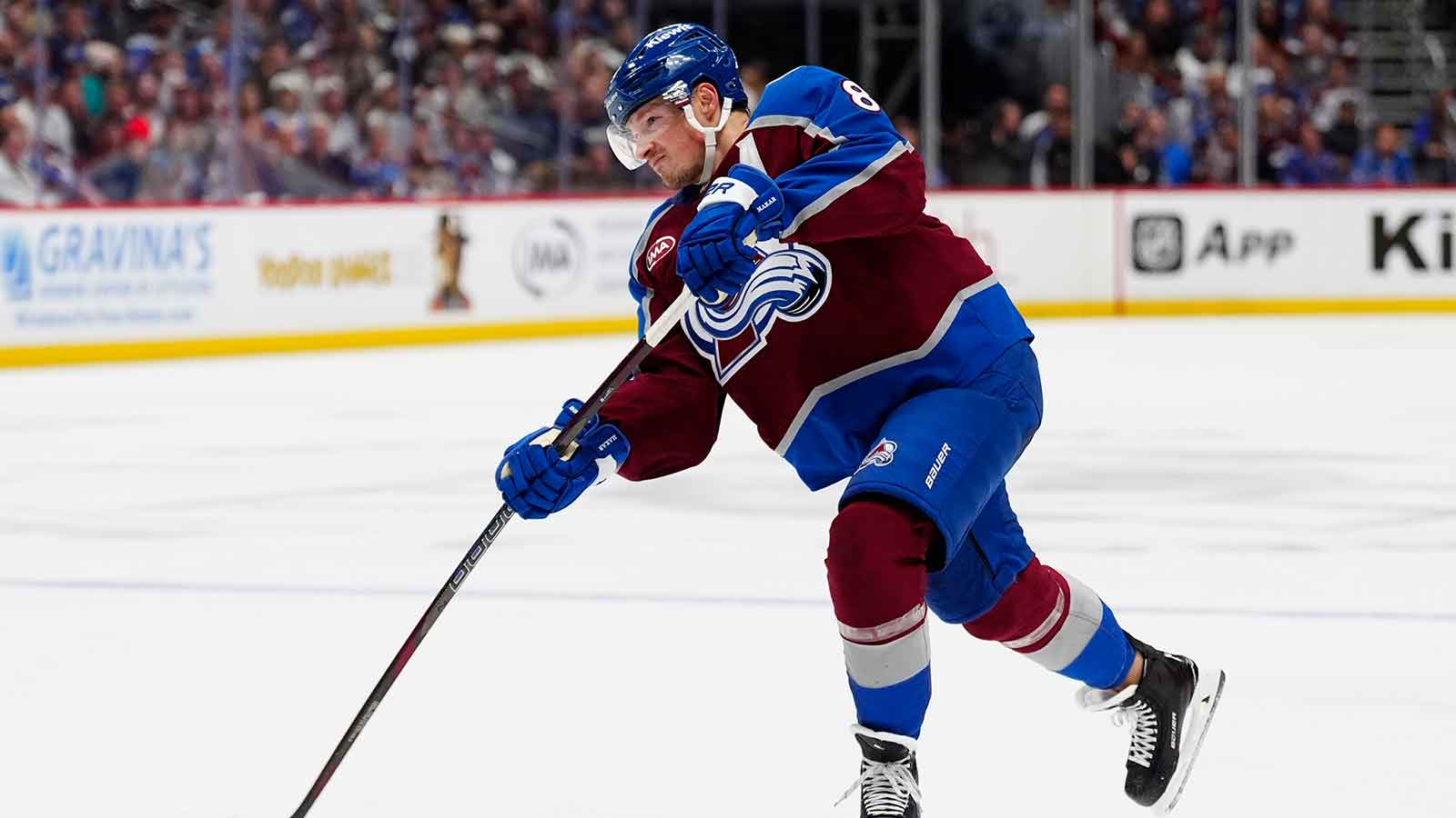 Colorado Avalanche defenseman Cale Makar (8) takes a shot on goal against the Minnesota Wild during the second period in game two of the second round of the 2026 Stanley Cup Playoffs at Ball Arena.