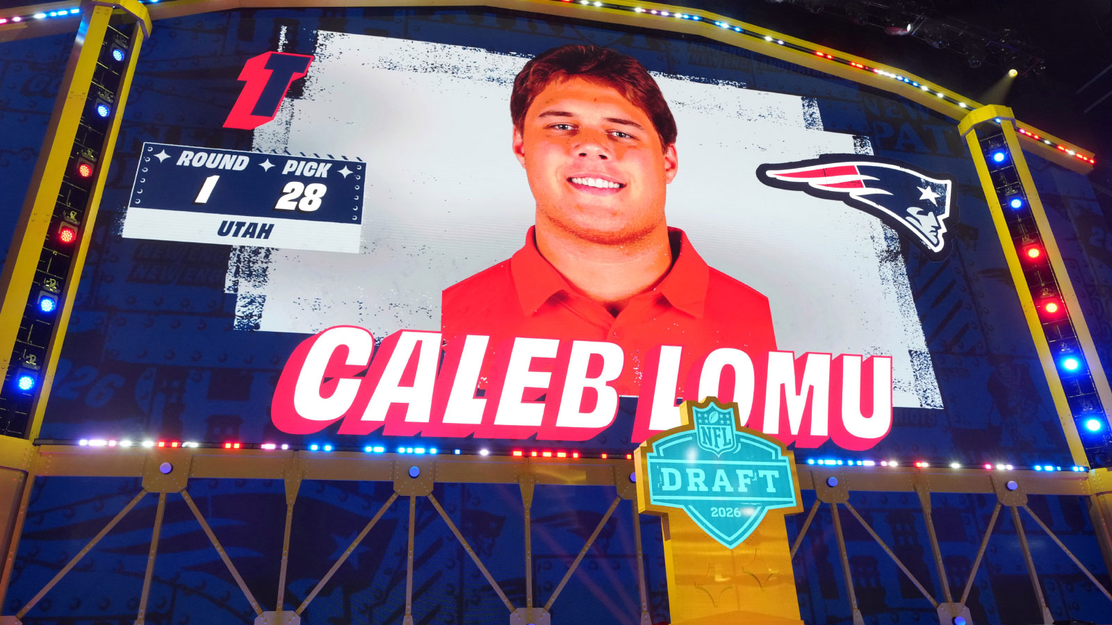 Utah Utes offensive tackle Caleb Lomu is selected by the New England Patriots as the number 28 pick during the 2026 NFL Draft at Acrisure Stadium
