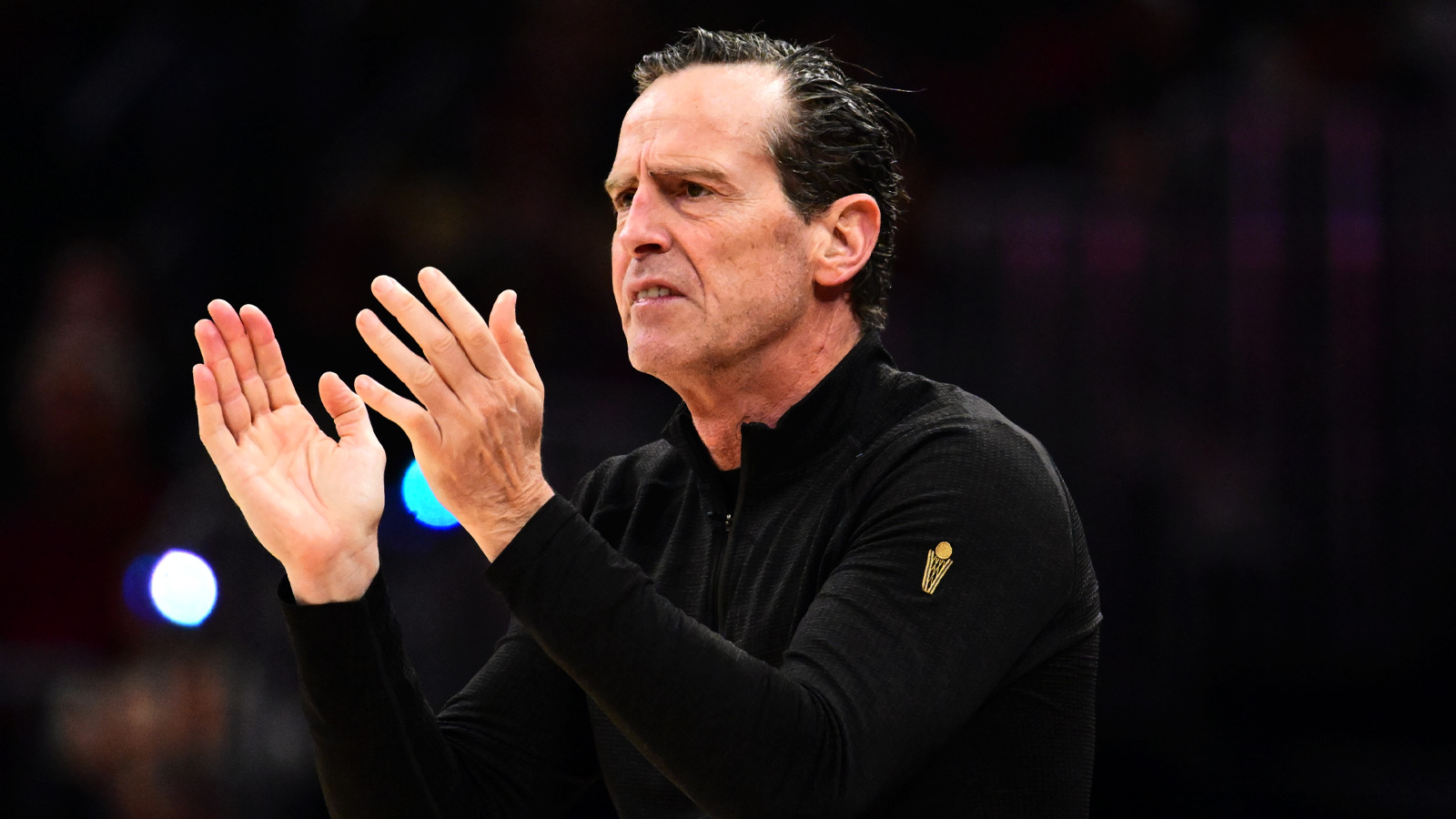 Cavaliers head coach Kenny Atkinson reacts against the Toronto Raptors during the first half of game seven in the first round of the 2026 NBA Playoffs at Rocket Arena