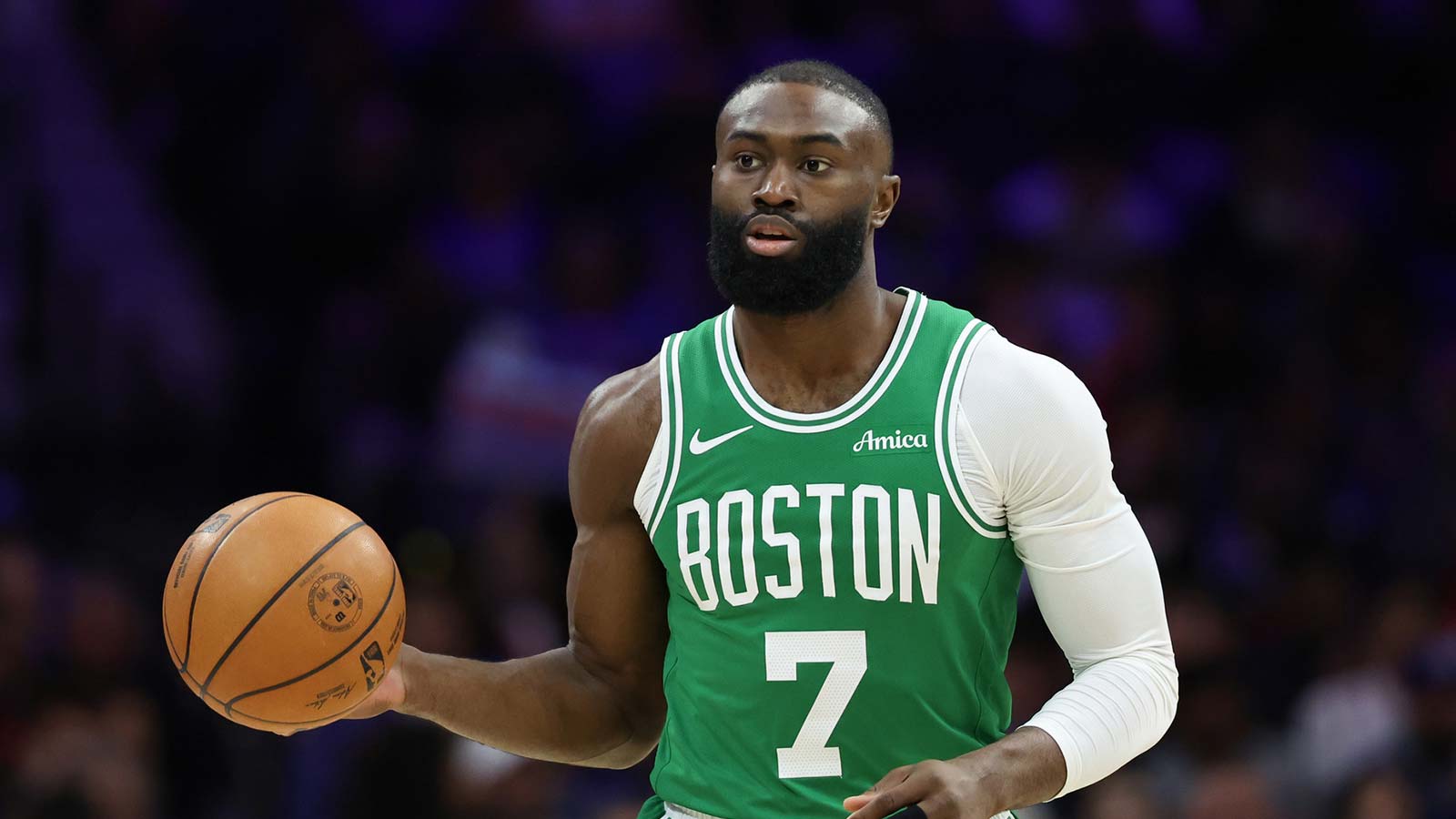 Celtics guard Jaylen Brown (7) dribbles the ball against the Philadelphia 76ers during the first quarter at Xfinity Mobile Arena