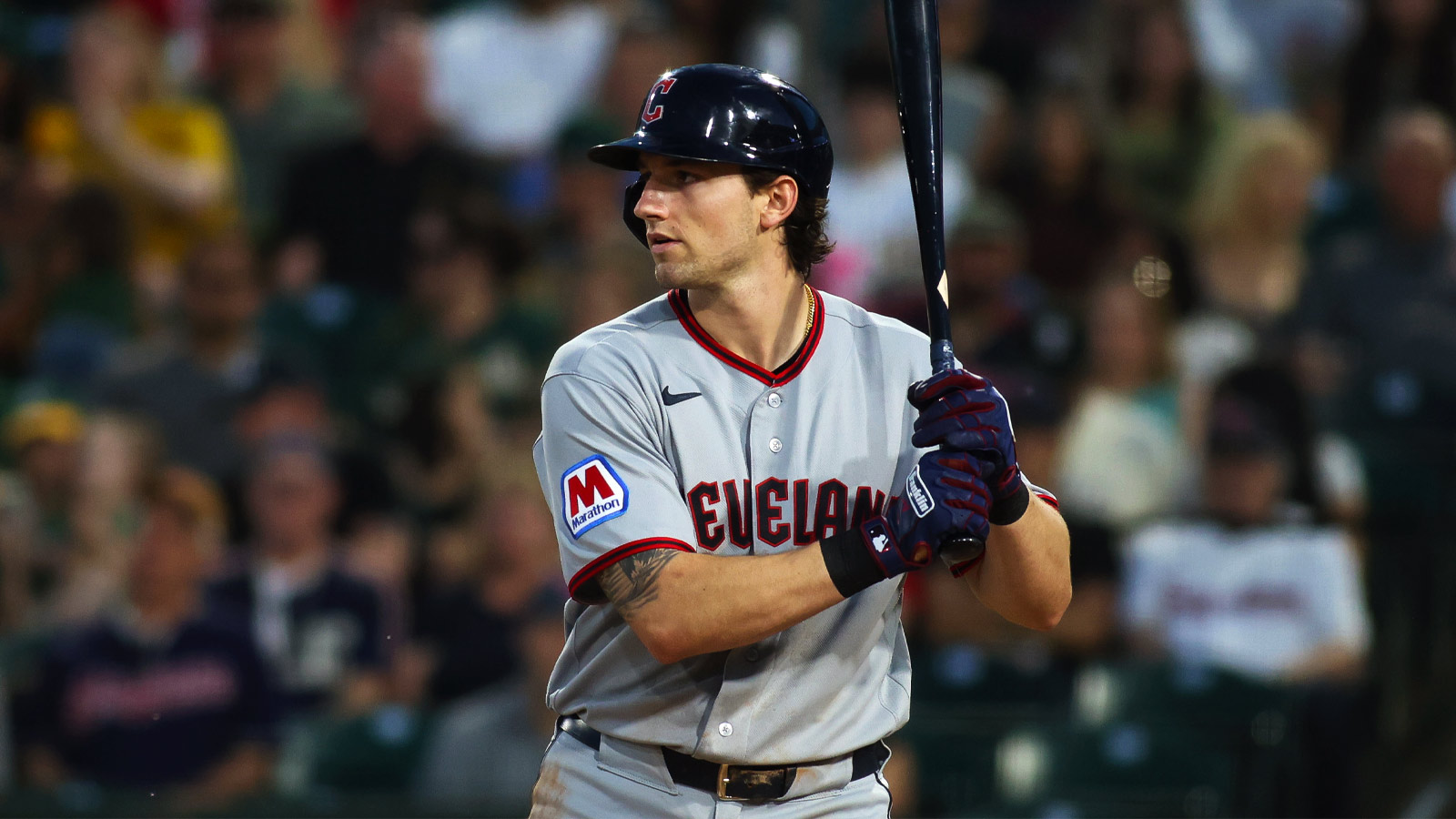 Cleveland Guardians right fielder Chase DeLauter (24) bats during the fifth inning against the Athletics at Sutter Health Park. 