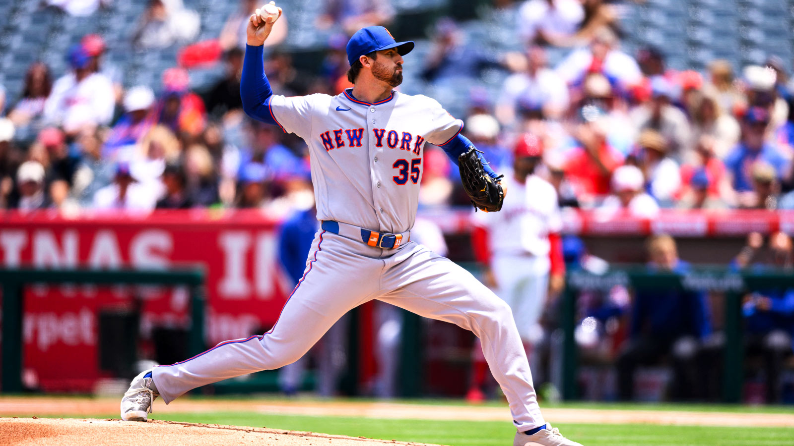 New York Mets pitcher Clay Holmes (35) delivers during the first inning against the Los Angeles Angels at Angel Stadium
