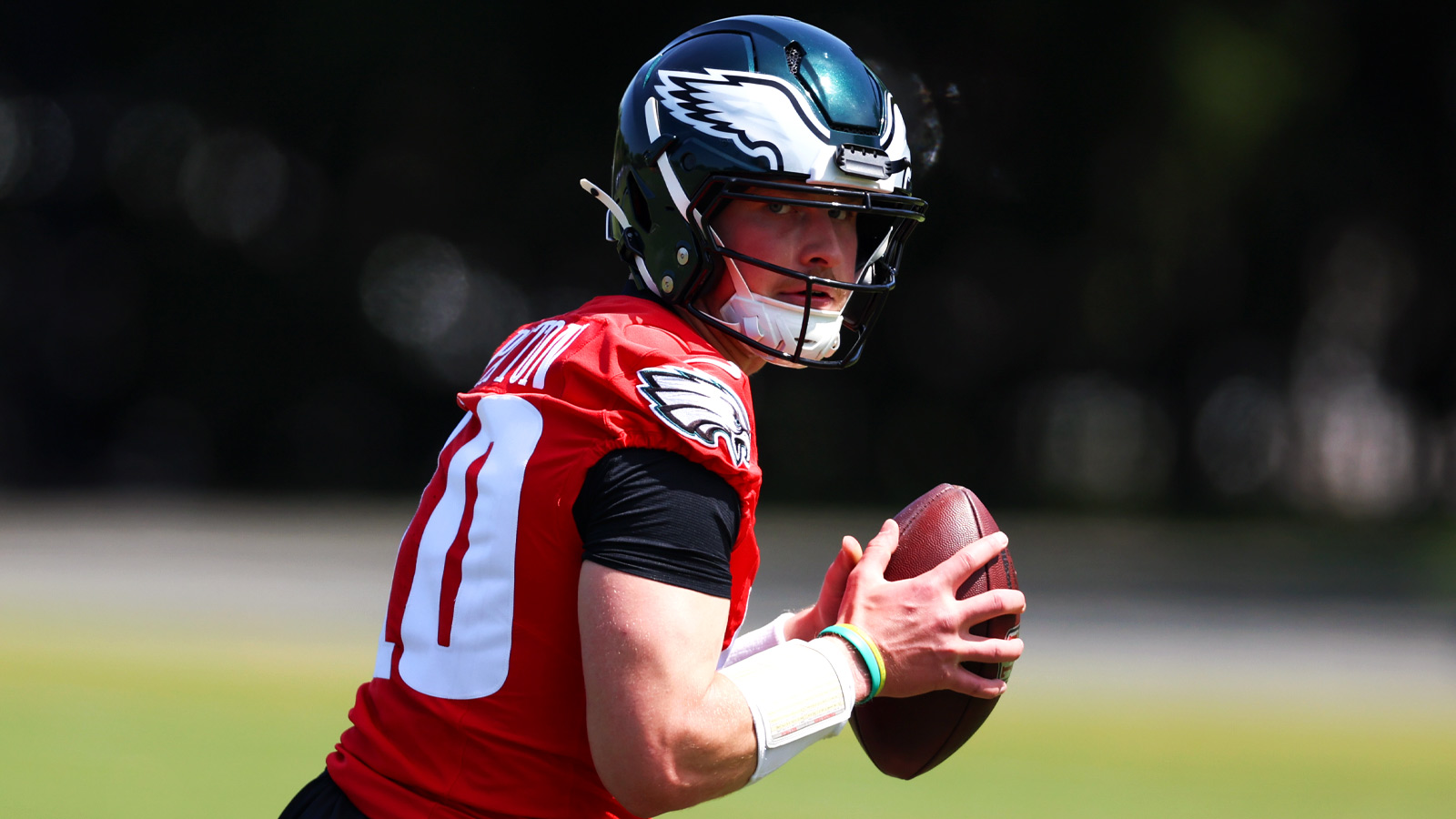 Philadelphia Eagles quarterback Cole Payton runs drills during rookie minicamp at NovaCare Complex.