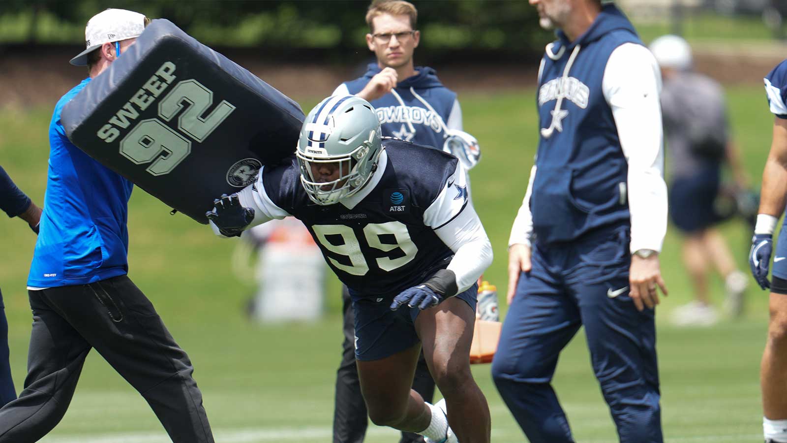Dallas Cowboys defensive end LT Overton (99) goes through a drill during practice at the Ford Center
