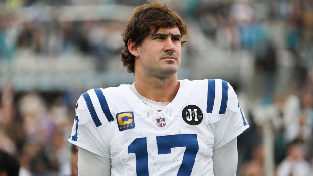Indianapolis Colts quarterback Daniel Jones (17) stands on the field prior to a game against the Jacksonville Jaguars at EverBank Stadium.