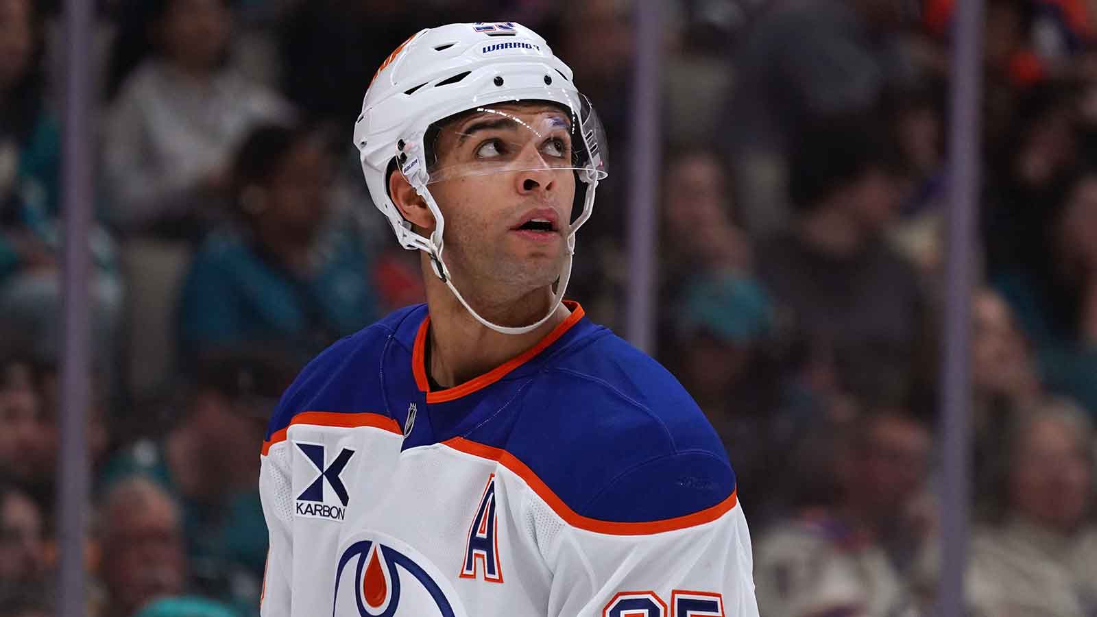 Edmonton Oilers defenseman Darnell Nurse (25) looks up at the scoreboard during a break in the action against the San Jose Sharks during the second period at SAP Center at San Jose.