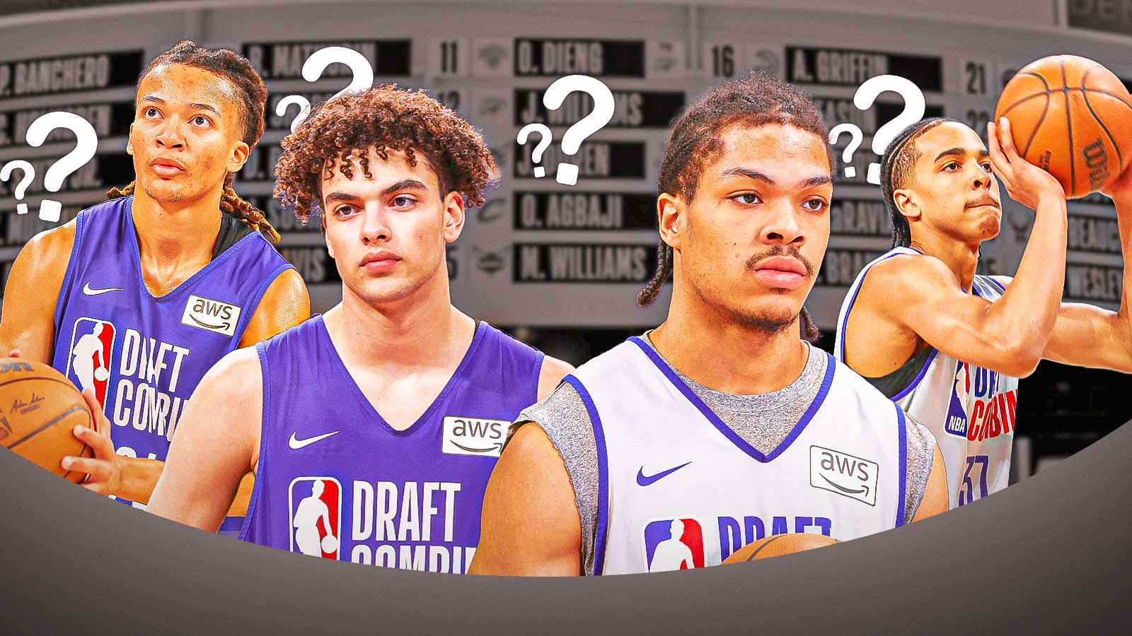 Darius Acuff, Keaton Wagler, Mikel Brown Jr., and Kingston Flemings next to each other with question marks around them