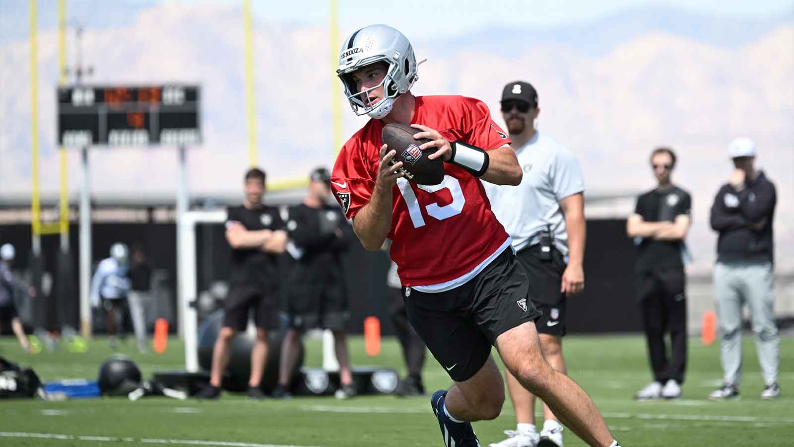 May 2, 2026; Henderson, NV, USA; Las Vegas Raiders quarterback Fernando Mendoza (15) runs through a drill during a Rookie Minicamp at Intermountain Health Performance Center.