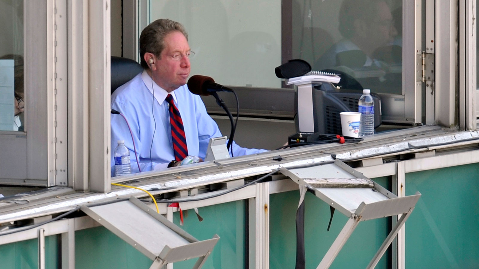 New York Yankees broadcaster John Sterling in the press box during a game against the Cleveland Indians at Progressive Field.
