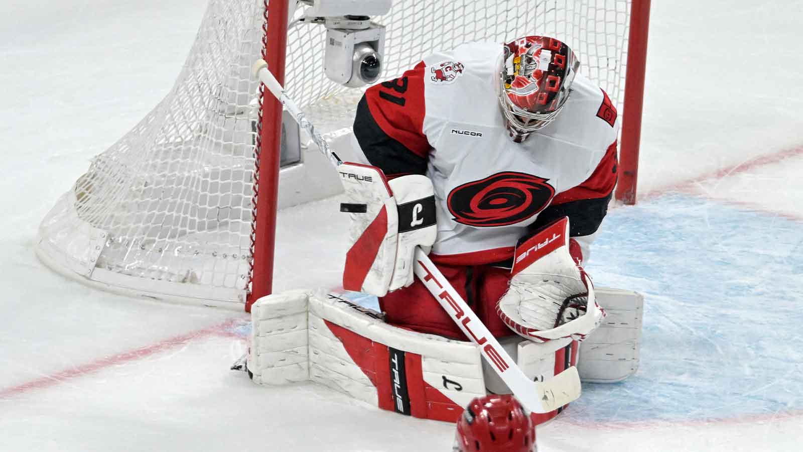 Carolina Hurricanes goaltender Frederik Andersen (31) makes a save against the Montreal Canadiens during the first period in game four of the Eastern Conference Final of the 2026 Stanley Cup Playoffs at Bell Centre.