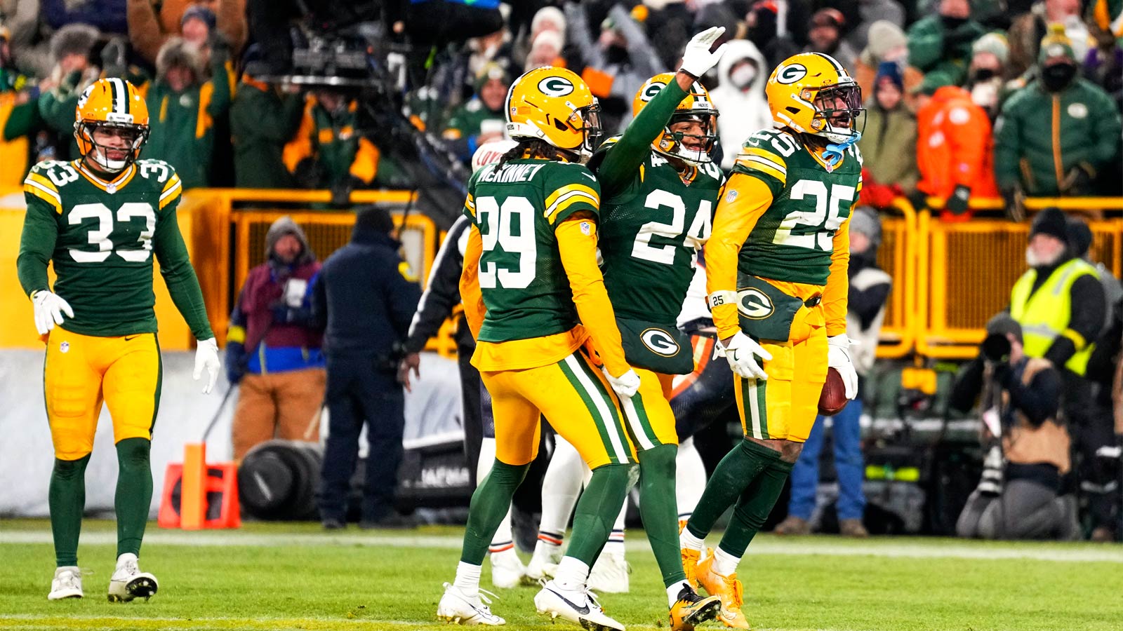 Green Bay Packers cornerback Keisean Nixon (25) celebrates an interception in the fourth quarter against the Chicago Bears