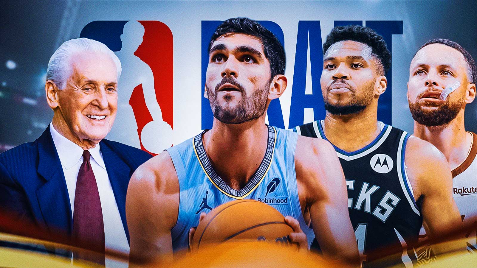 Santi Aldama, 2026 NBA Draft Logo (background) Pat Riley, Giannis Antetokounmpo, Stephen Curry