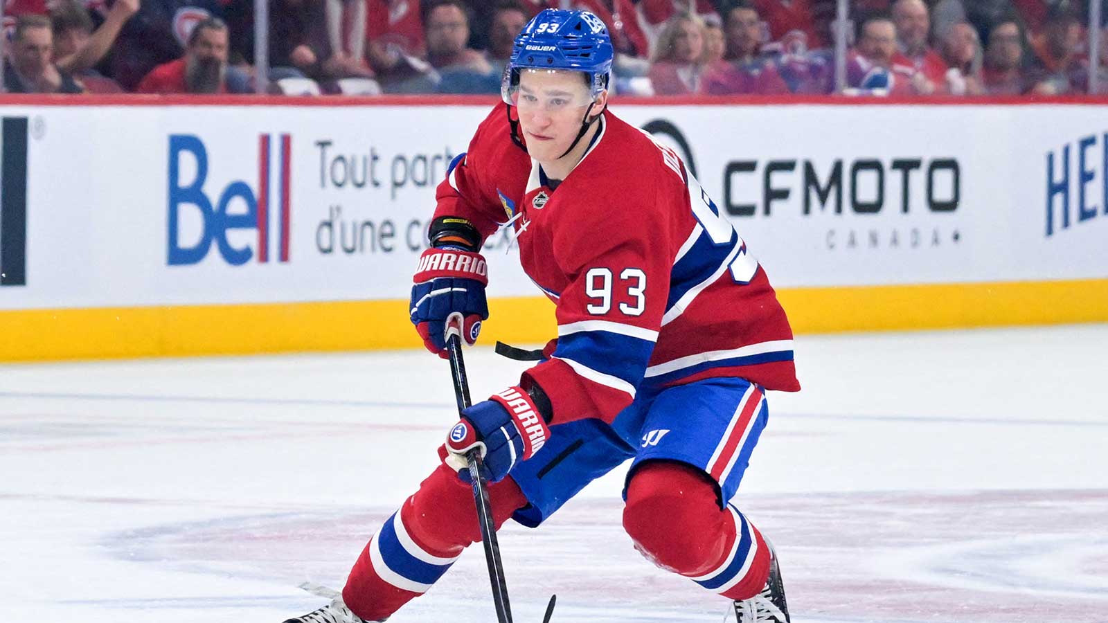 Montreal Canadiens forward Ivan Demidov (93) plays the puck against the Buffalo Sabres during the first period in game four of the second round of the 2026 Stanley Cup Playoffs at Bell Centre. 