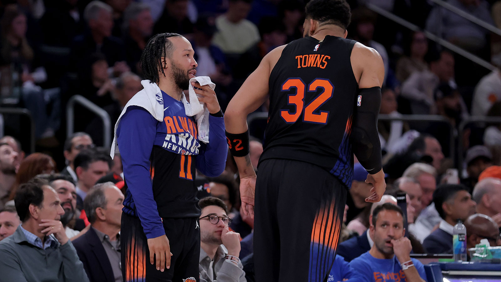 New York Knicks guard Jalen Brunson (11) talks to center Karl-Anthony Towns (32) during the third quarter of game five of the first round of the 2026 NBA Playoffs against the Atlanta Hawks at Madison Square Garden. 