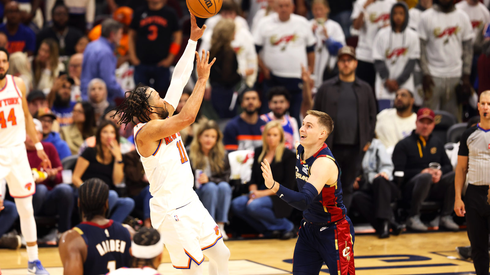 New York Knicks guard Jalen Brunson (11) shoots in the fourth quarter against the Cleveland Cavaliers during game three of the eastern conference finals for the 2026 NBA playoffs at Rocket Arena.