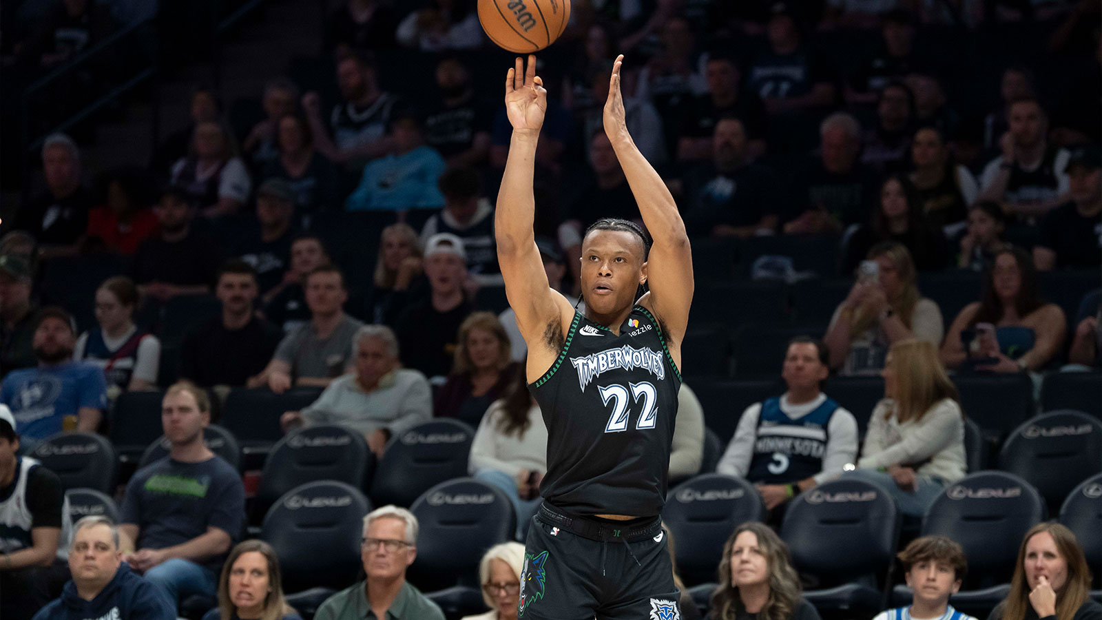Minnesota Timberwolves guard Jaylen Clark (22) shoots the ball against the New Orleans Pelicans in the second half at Target Center. 