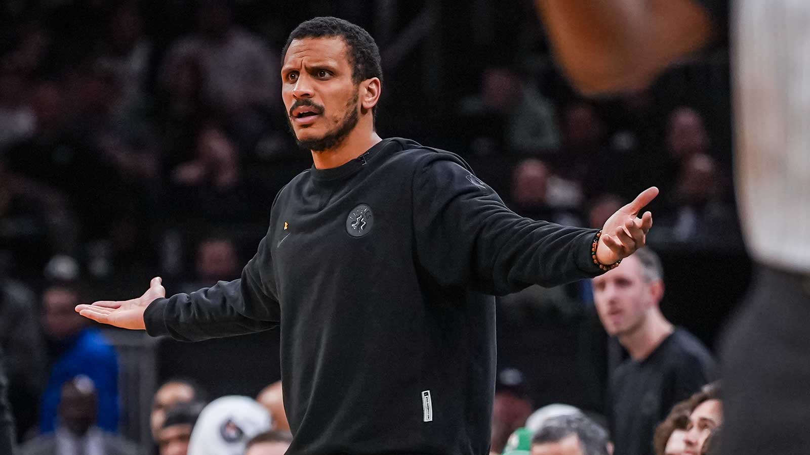 Boston Celtics head coach Joe Mazzulla watches from the sideline as they take on the Philadelphia 76ers during game five of the first round of the 2026 NBA Playoffs at TD Garden. 