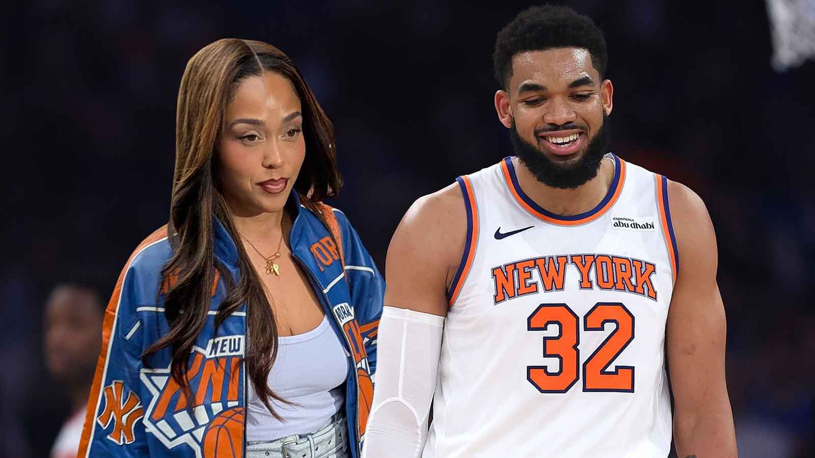 Jordyn Woods supports Karl-Anthony Towns in custom jacket during Knicks-Cavs Game 1