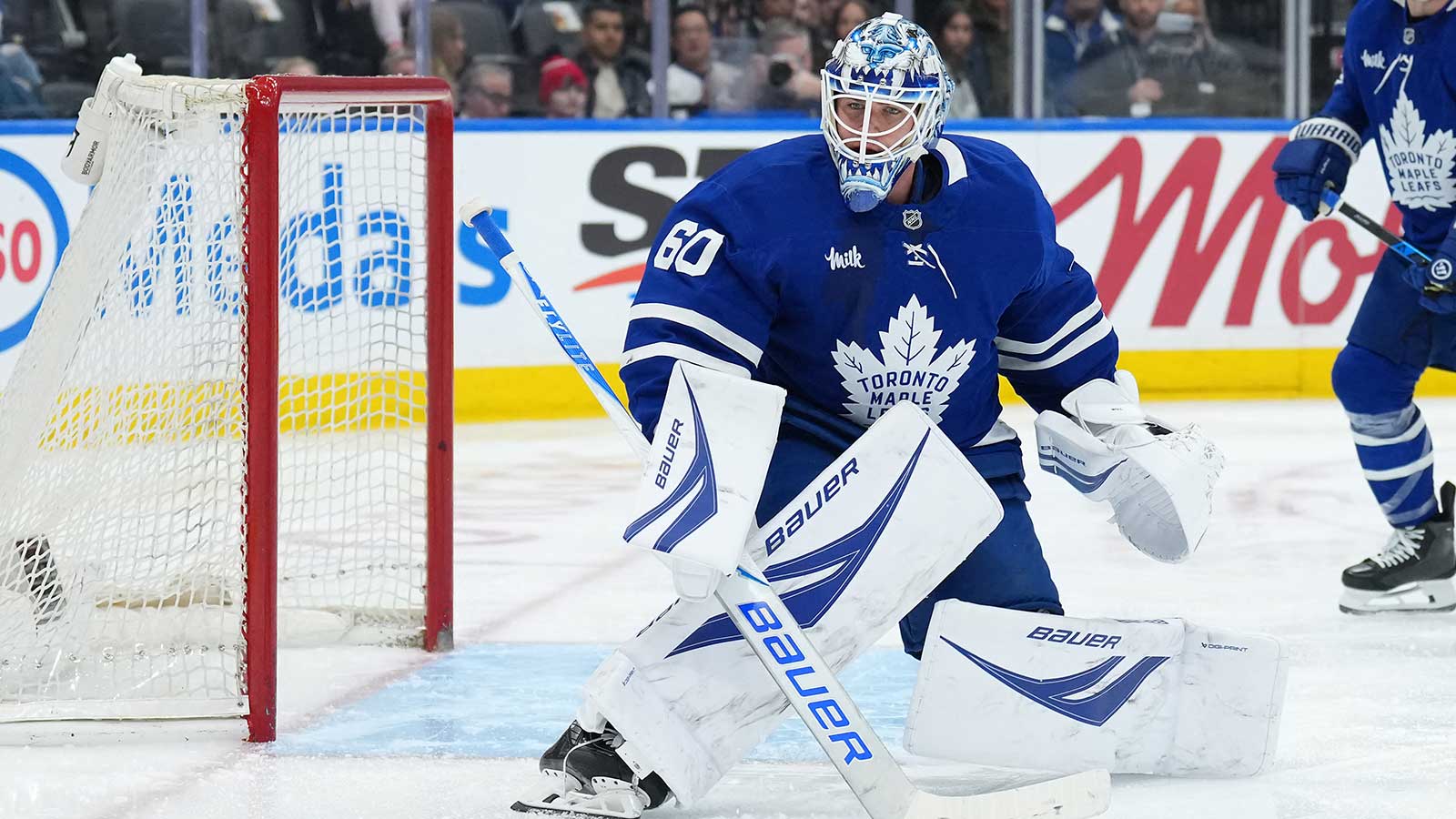 Toronto Maple Leafs goaltender Joseph Woll (60) follows the puck against the Washington Capitals during the second period at Scotiabank Arena. 