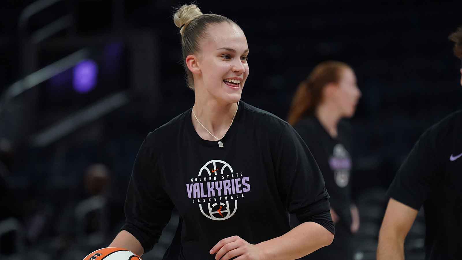 Golden State Valkyries guard Juste Jocyte (4) warms up before the game against the Las Vegas Aces at Chase Center.