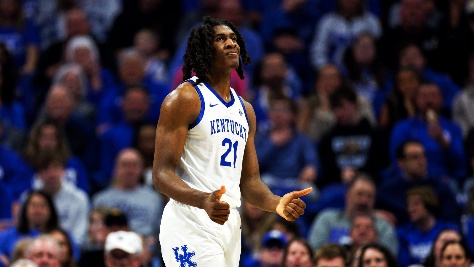 Kentucky Wildcats forward Jayden Quaintance (21) reacts during the second half against the Missouri Tigers at Rupp Arena at Central Bank Center.
