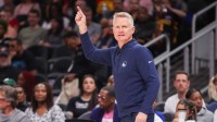 Golden State Warriors head coach Steve Kerr calls a play against the Atlanta Hawks in the second quarter at State Farm Arena