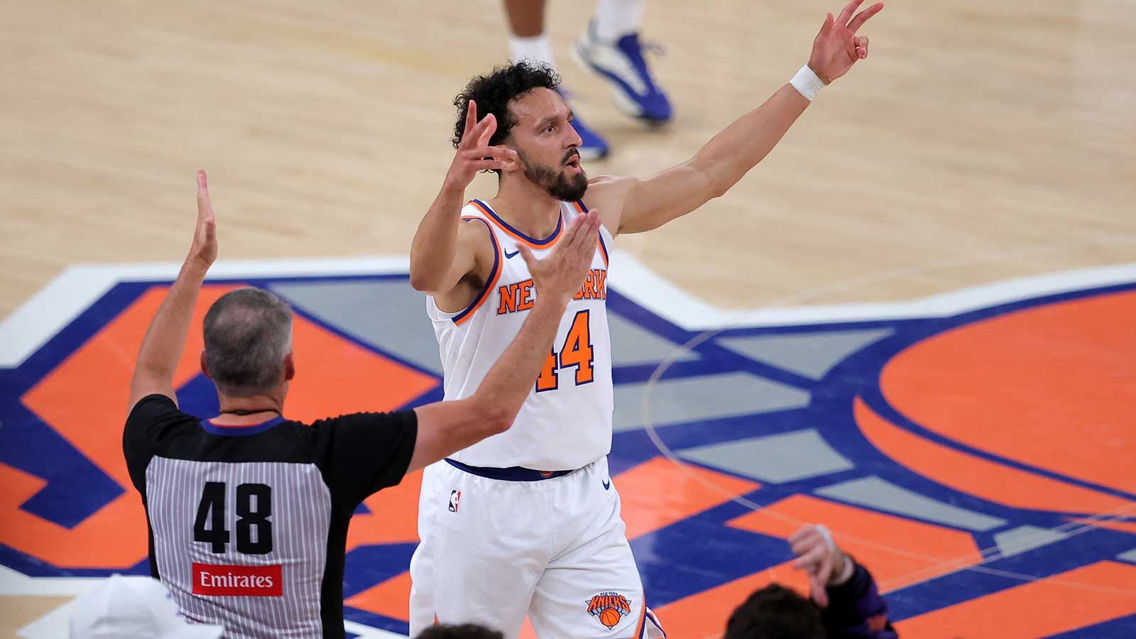 Knicks guard Landry Shamet (44) celebrates his three point shot