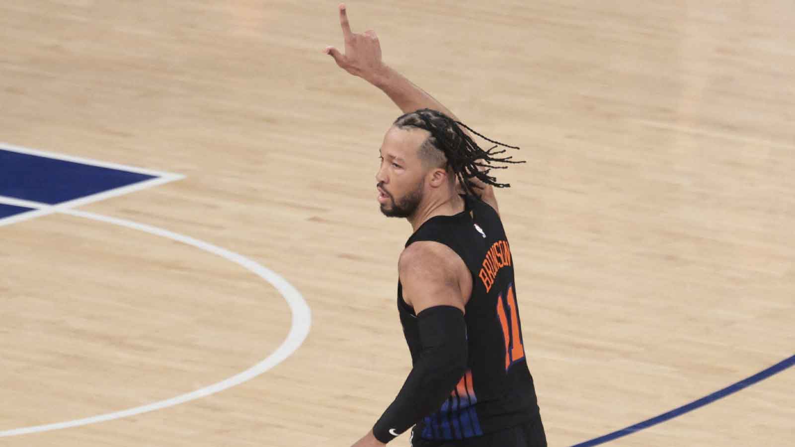 New York Knicks guard Jalen Brunson (11) reacts during the third quarter of game two of the eastern conference finals of the 2026 NBA playoffs against the Cleveland Cavaliers at Madison Square Garden.