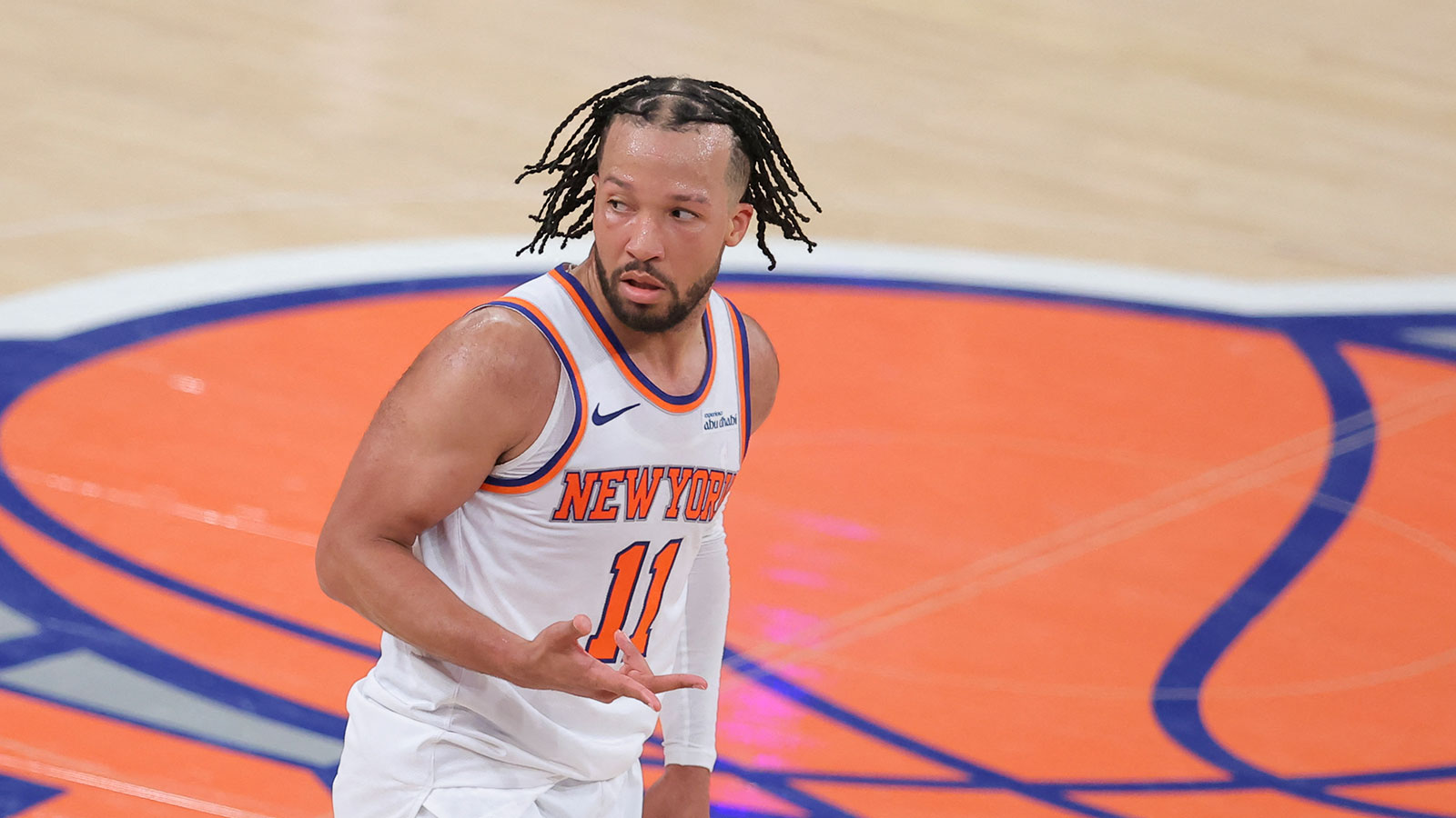 New York Knicks guard Jalen Brunson (11) reacts during the fourth quarter of game one of the eastern conference finals during the 2026 NBA playoffs against the Cleveland Cavaliers at Madison Square Garden.