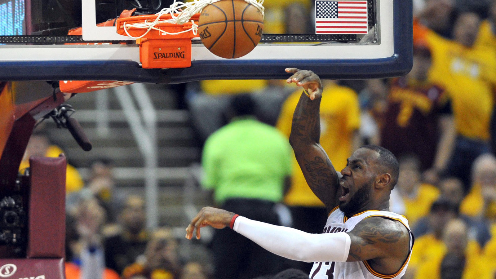 Cleveland Cavaliers forward LeBron James (23) slam dunks during the second half in game one of the second round of the NBA Playoffs at Quicken Loans Arena. The Cavs won 104-93. 