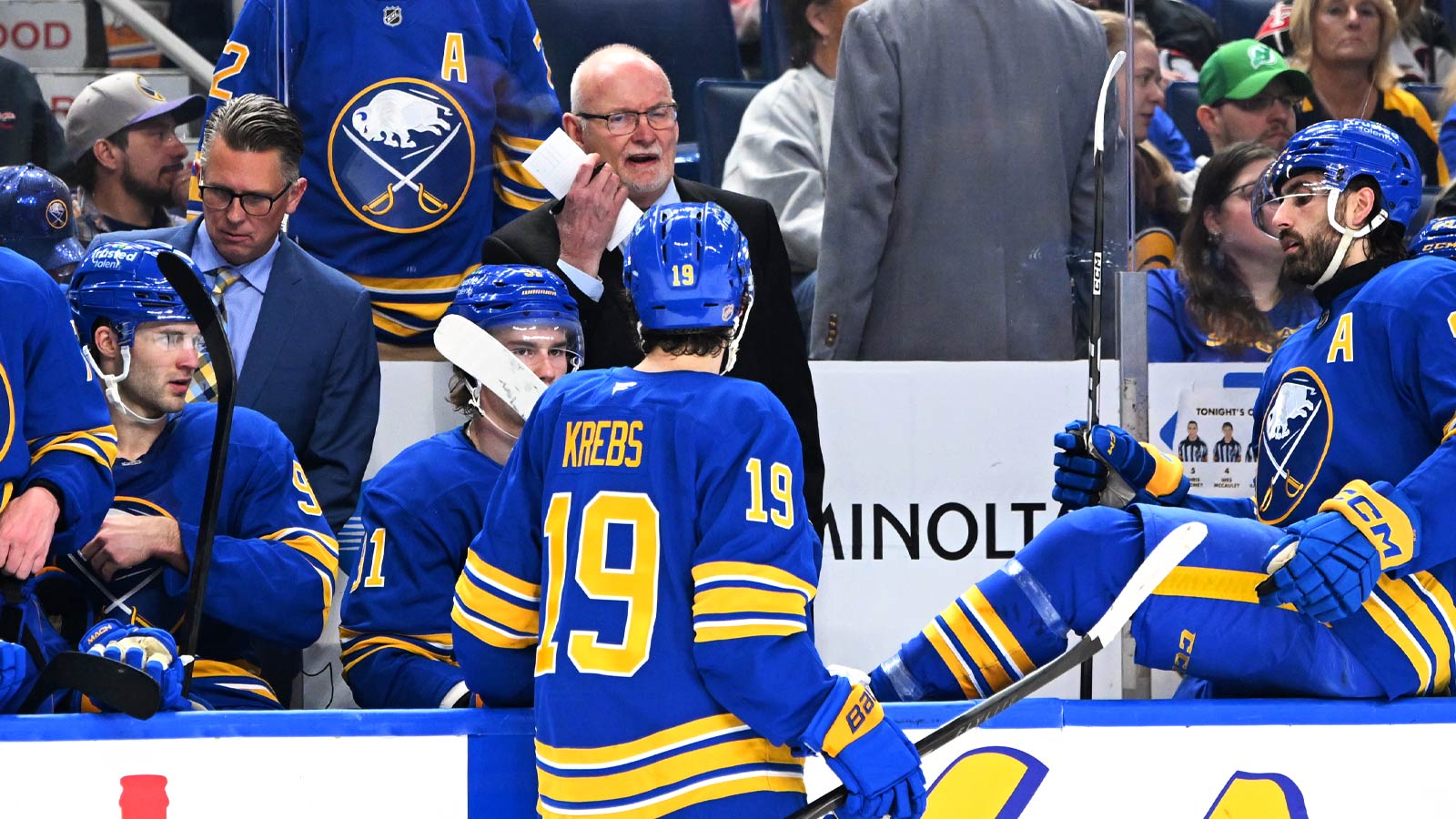 Buffalo Sabres head coach Lindy Ruff gives instruction before a overtime period against the Dallas Stars at KeyBank Center.