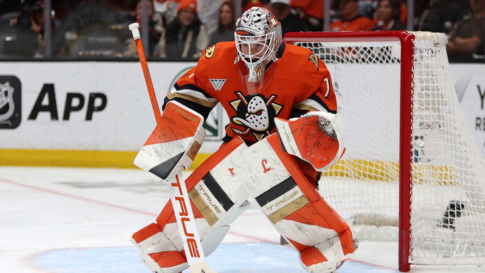 Anaheim Ducks goaltender Lukas Dostal (1) defends the goal during the third period against the Vegas Golden Knights in game six of the second round of the 2026 Stanley Cup Playoffs at Honda Center.