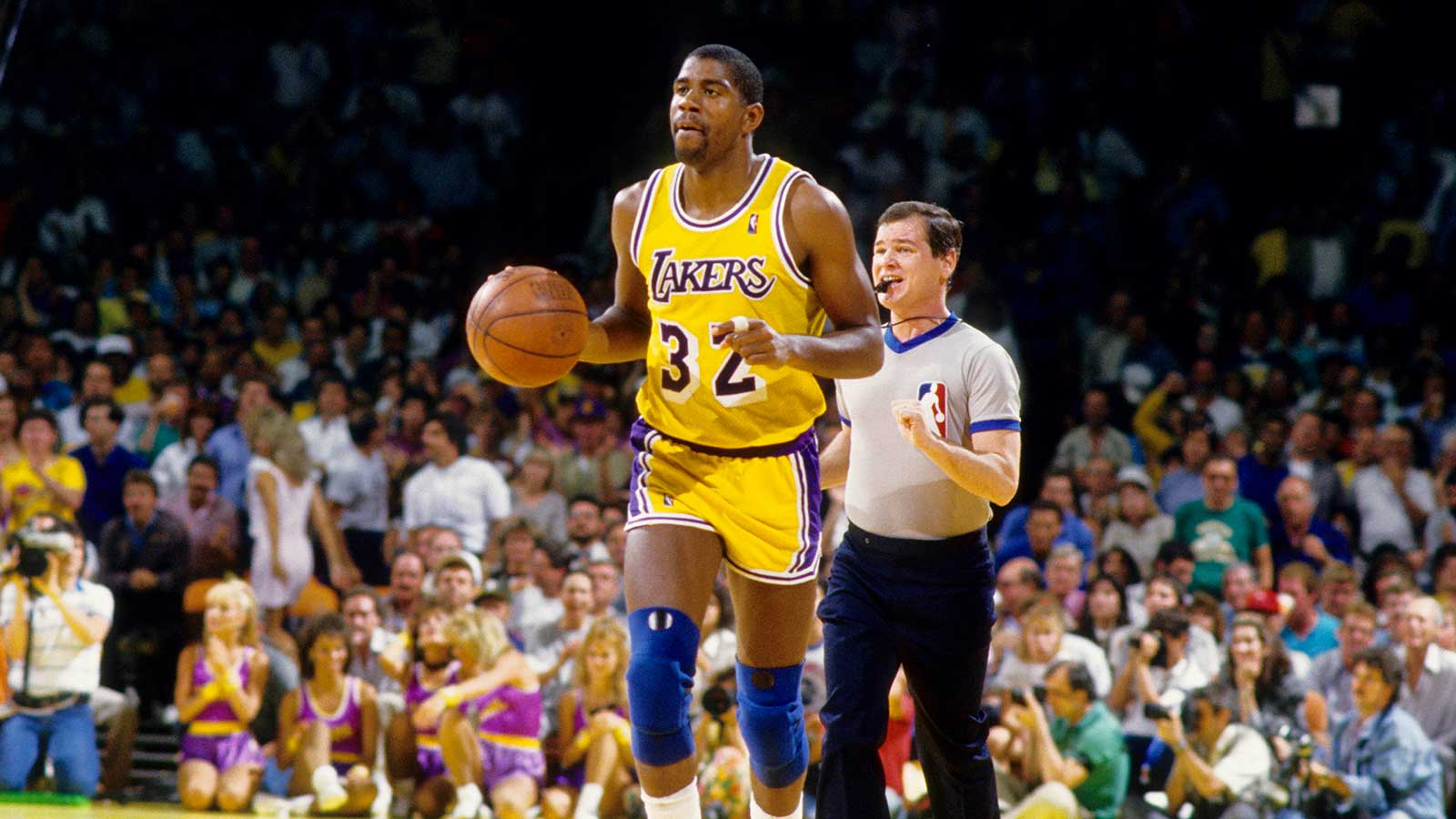 FILE PHOTO; Los Angeles Lakers guard Magic Johnson (32) in action at The Forum. 