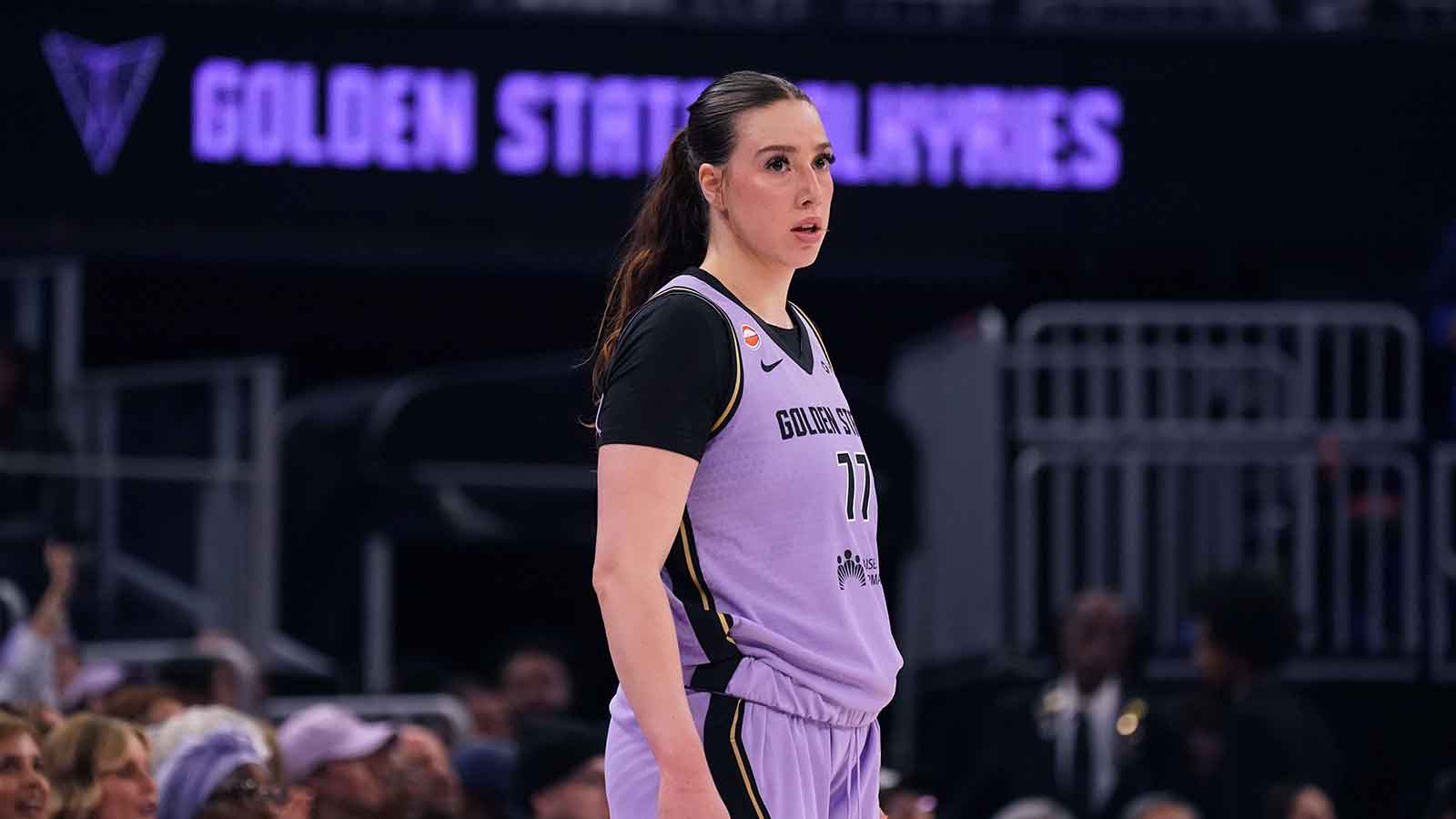 Golden State Valkyries forward Marta Suarez (77) waits for play to resume against the Seattle Storm in the second quarter at Chase Center.