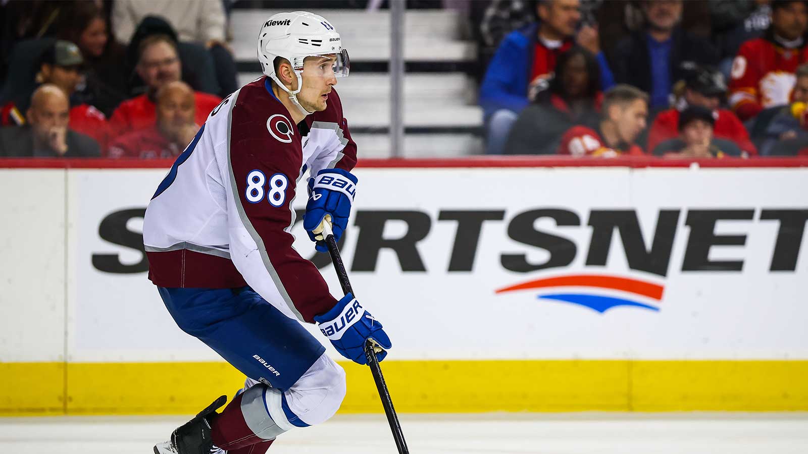  Colorado Avalanche center Martin Necas (88) skates with the puck against the Calgary Flames during the second period at Scotiabank Saddledome. 