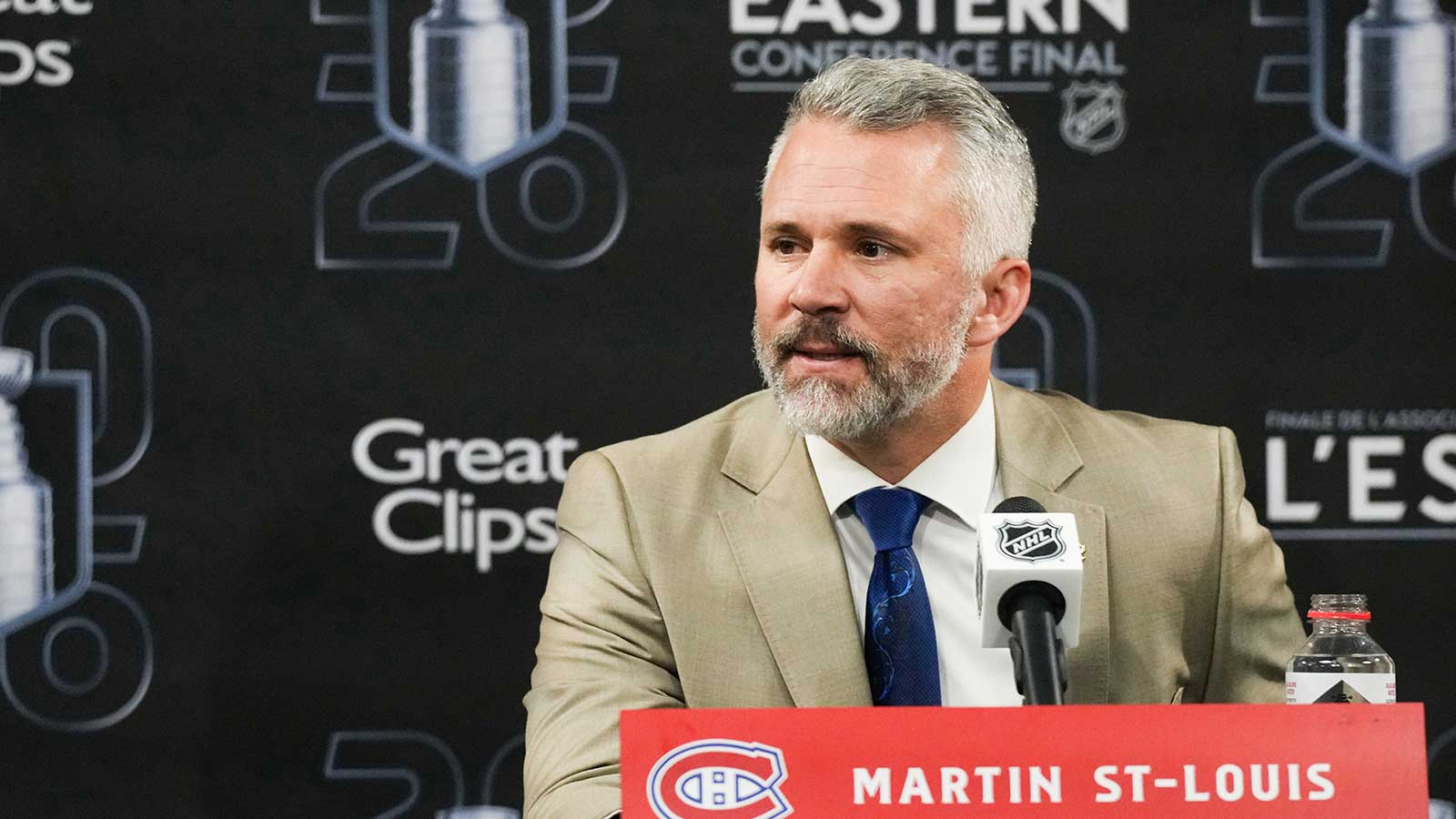 Montréal Canadiens head coach Martin St. Louis speaks after the game against the Carolina Hurricanes in game two of the Eastern Conferene Final of the 2026 Stanley Cup Playoffs at Lenovo Center. 
