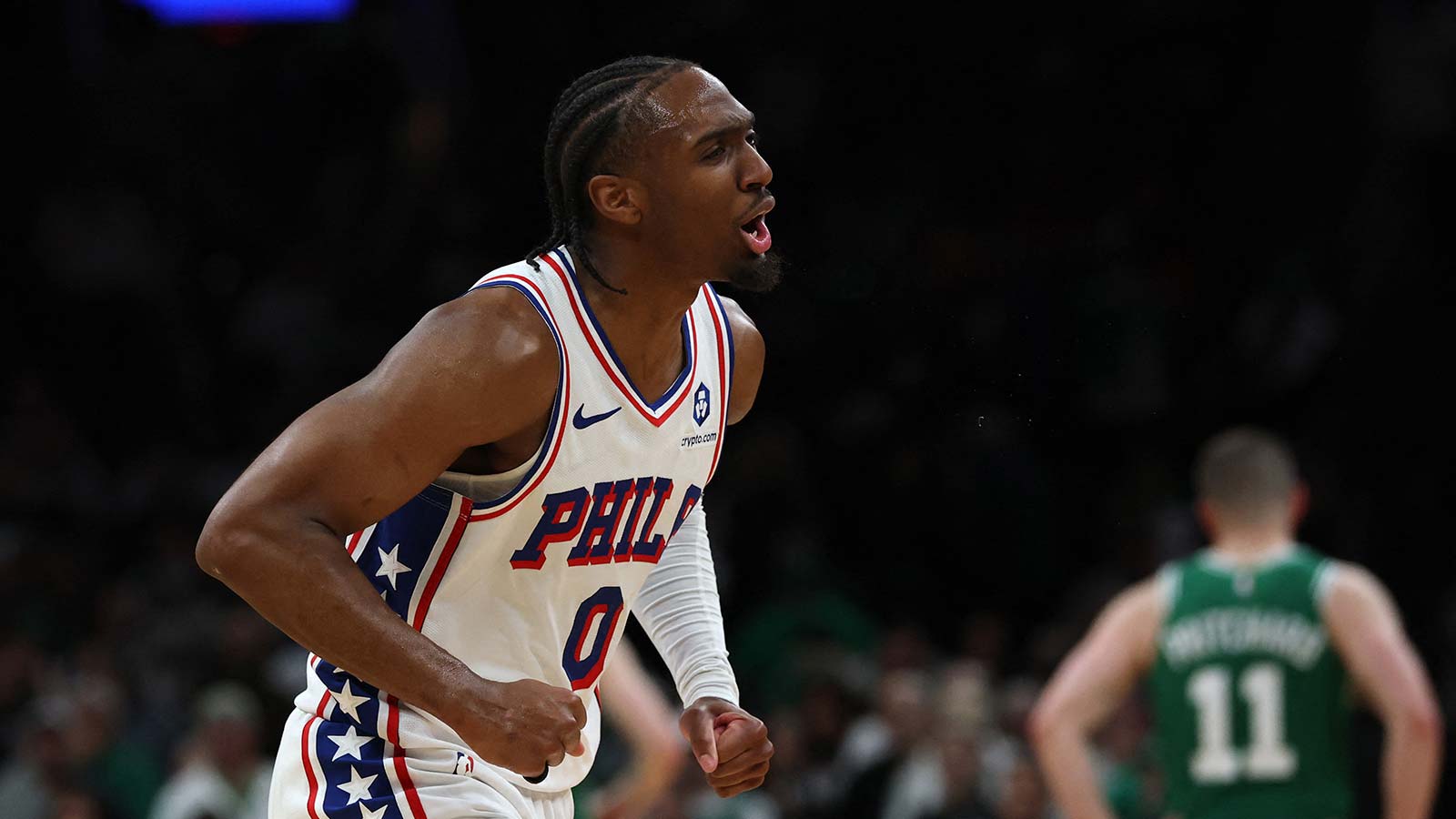 Philadelphia 76ers guard Tyrese Maxey (0) celebrates during the final moments of their win over the Boston Celtics in game seven of the first round of the 2026 NBA Playoffs at TD Garden.