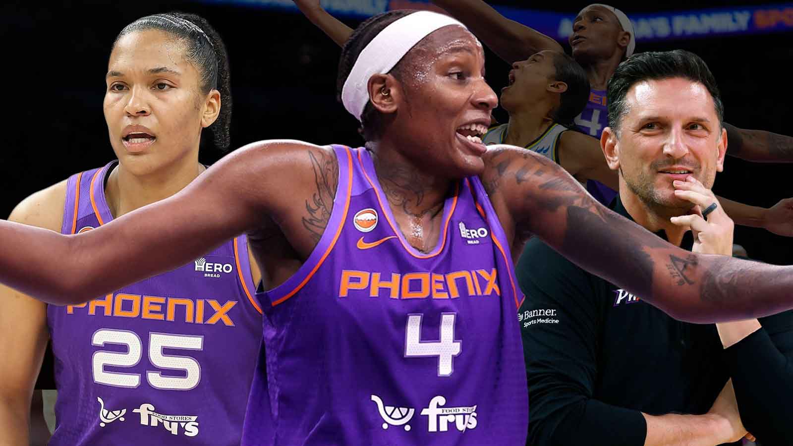Phoenix Mercury center Natasha Mack looking hyped at the center of the image. Above her is an image of her blocking a shot (it's a reuters image: USN: MT1USATODAY28971710). To Mack's left is Phoenix Mercury teammate Alyssa Thomas smiling, and to Mack's right is Phoenix Mercury head coach Nate Tibbetts smiling.