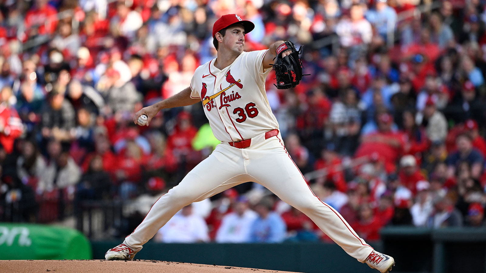 St. Louis Cardinals starting pitcher Michael McGreevy (36) delivers a pitch against the Los Angeles Dodgers in the first inning at Busch Stadium. 