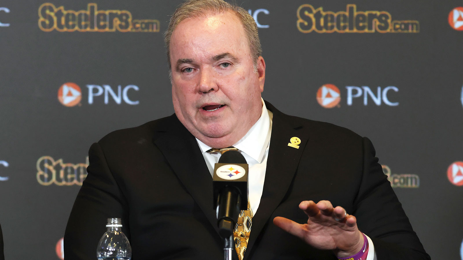Pittsburgh Steelers head coach Mike McCarthy speaks at a press conference introducing him as the next head coach of the Steelers at PNC Champions Club at Acrisure Stadium.. 