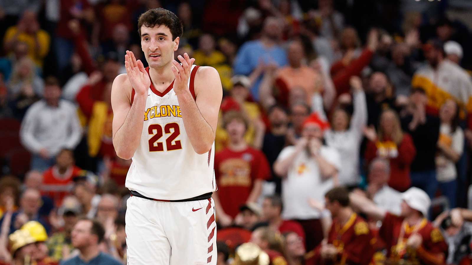 Iowa State Cyclones forward Milan Momcilovic (22) reacts in the first half against the Tennessee Volunteers during a Sweet Sixteen game of the Midwest Regional of the men's 2026 NCAA Tournament at United Center.