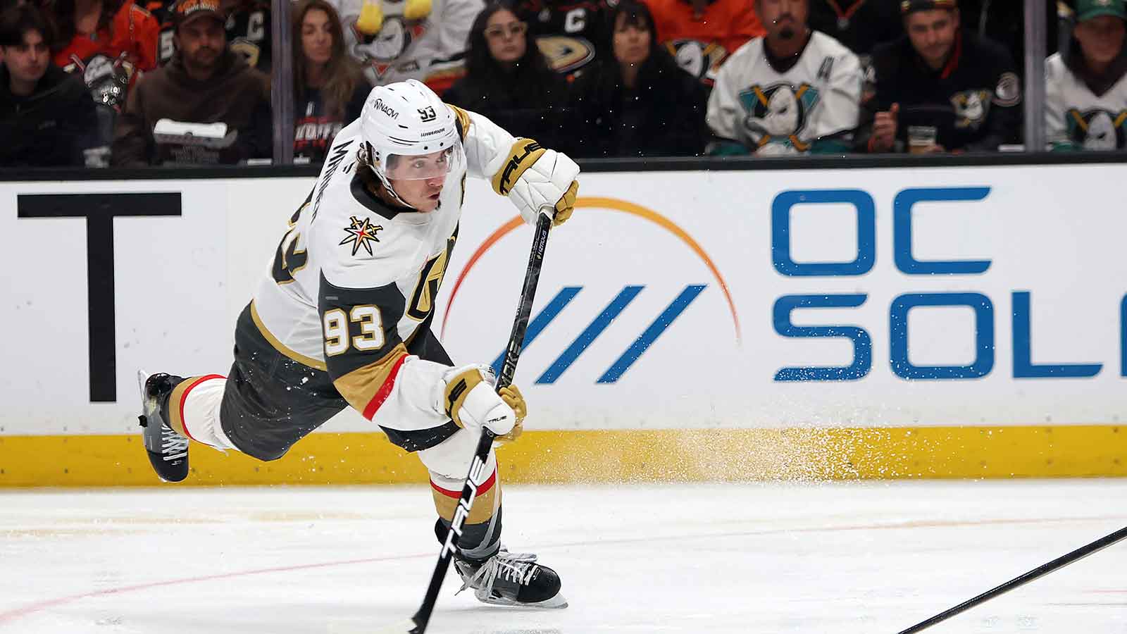 Vegas Golden Knights right wing Mitch Marner (93) takes a slapshot during the third period against the Anaheim Ducks in game six of the second round of the 2026 Stanley Cup Playoffs at Honda Center.