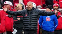 Nebraska Cornhuskers head coach Matt Rhule reacts to a non-call on a play during the third quarter against the Iowa Hawkeyes at Memorial Stadium.