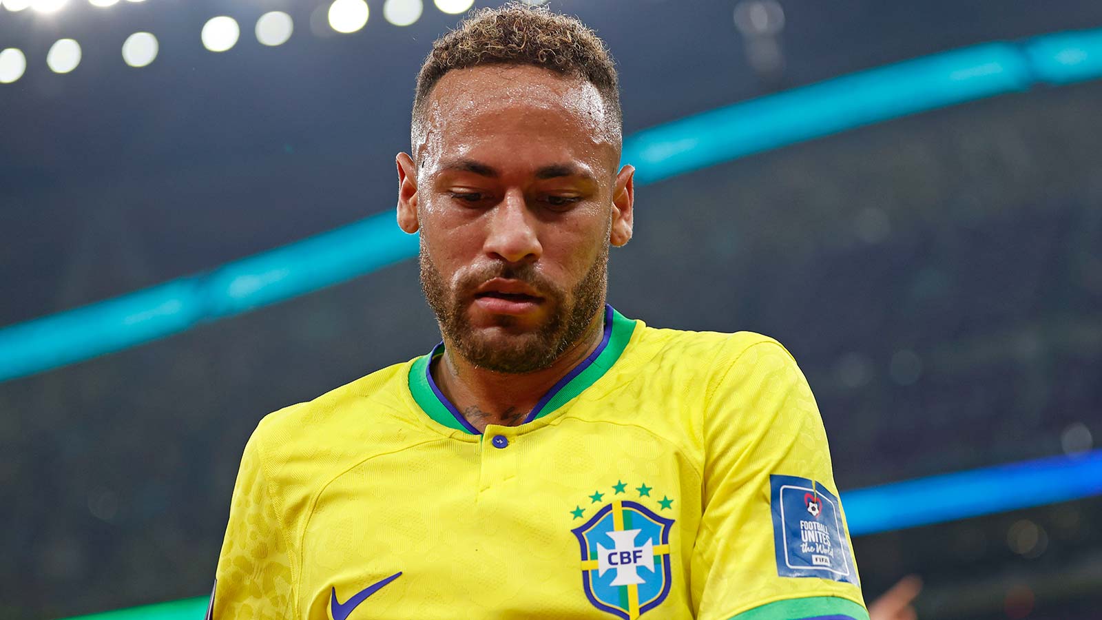Brazil forward Neymar (10) reacts against Serbia during the first half in a group stage match during the 2022 World Cup at Lusail Stadium.
