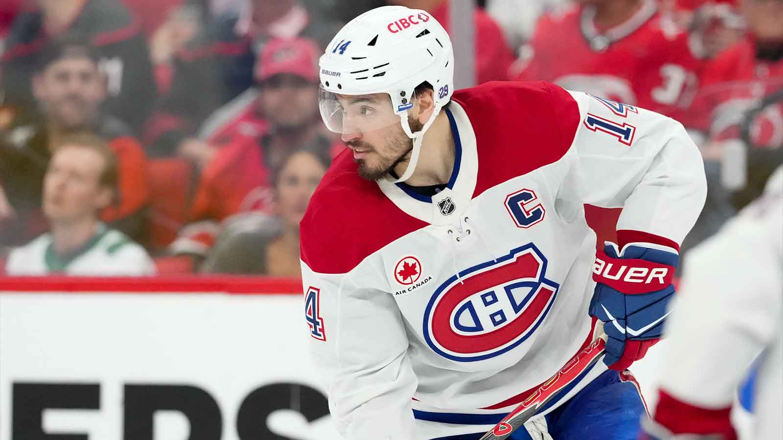 Montreal Canadiens center Nick Suzuki (14) skates against the Carolina Hurricanes during the third period in game one of the Eastern Conferene Final of the 2026 Stanley Cup Playoffs at Lenovo Center.