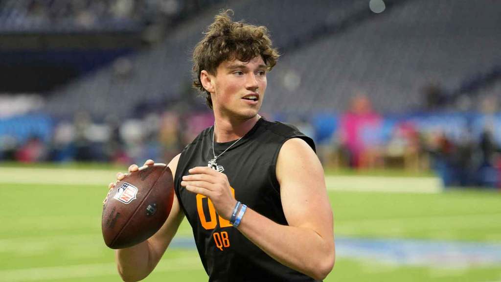 Penn State quarterback Drew Allar (QB02) during the NFL Scouting Combine at Lucas Oil Stadium.