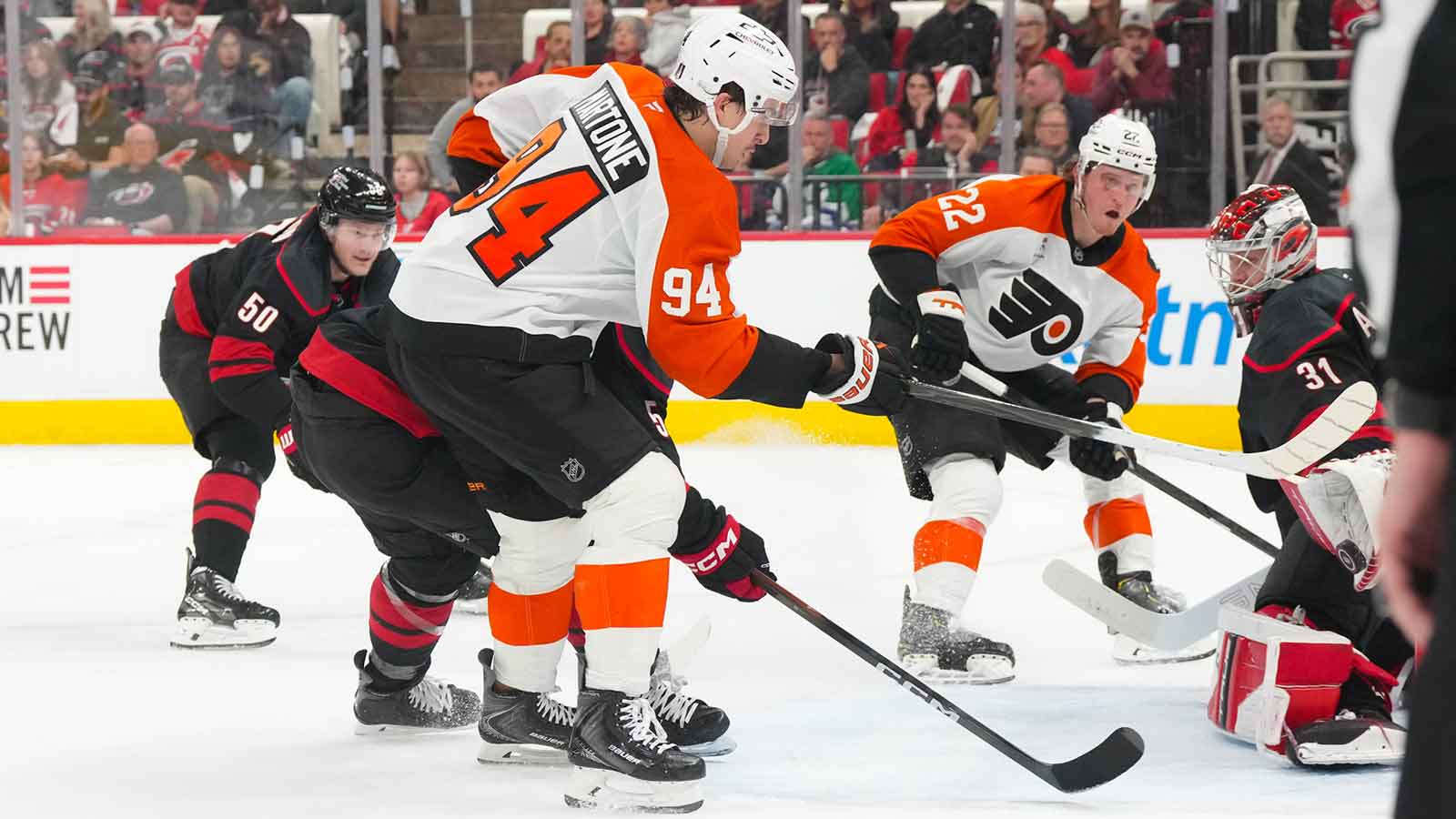 Philadelphia Flyers right wing Porter Martone (94) gets the shot on against Carolina Hurricanes goaltender Frederik Andersen (31) during the second period in game two of the second round of the 2026 Stanley Cup Playoffs at Lenovo Center. 