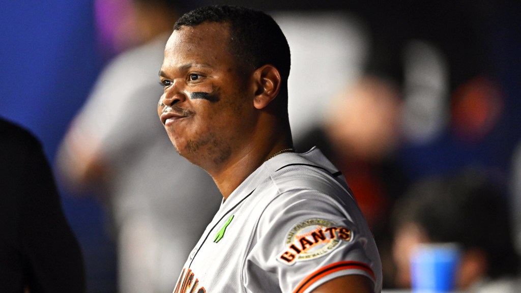 San Francisco Giants infielder Rafael Devers (16) reacts during the seventh inning against Tampa Bay Rays at Tropicana Field.