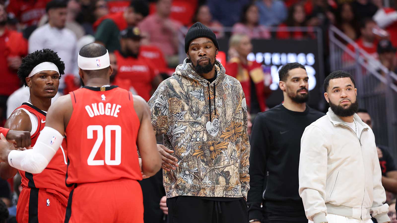 Rockets forward Kevin Durant stands on the sideline during the first quarter against the Los Angeles Lakers during game four of the first round of the 2026 NBA Playoffs at Toyota Center
