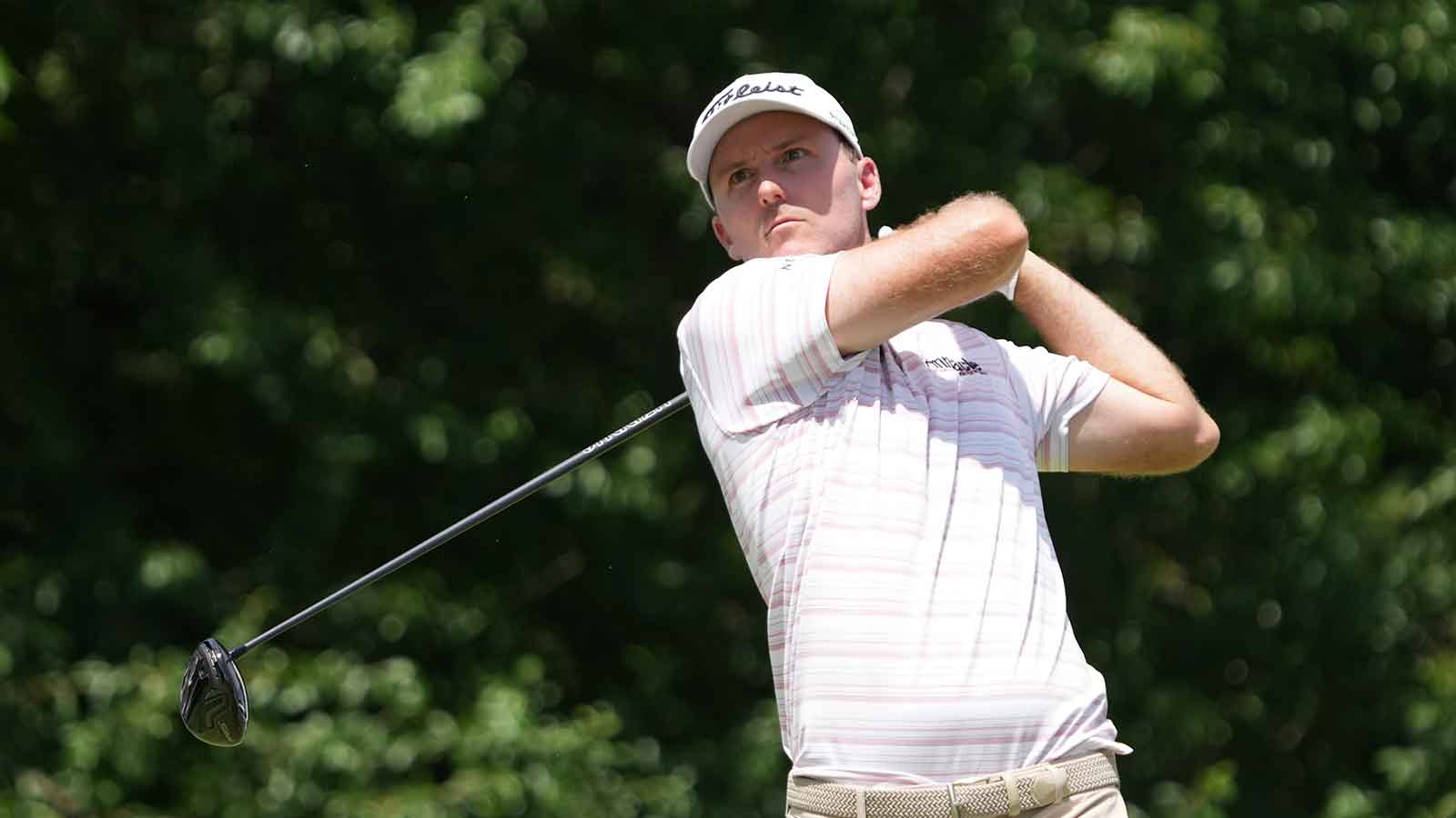 Russell Henley plays his shot from the 12th tee during the third round of the Charles Schwab Challenge golf tournament